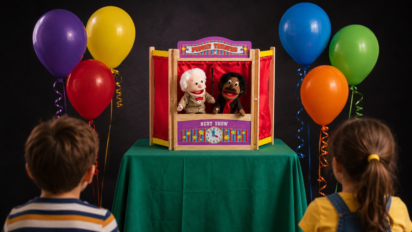 Two puppets performing in a balloon-decorated theatre for children