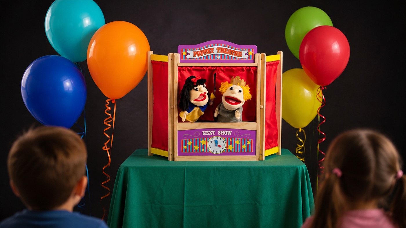 Two character puppets performing in a colourful theatre for children